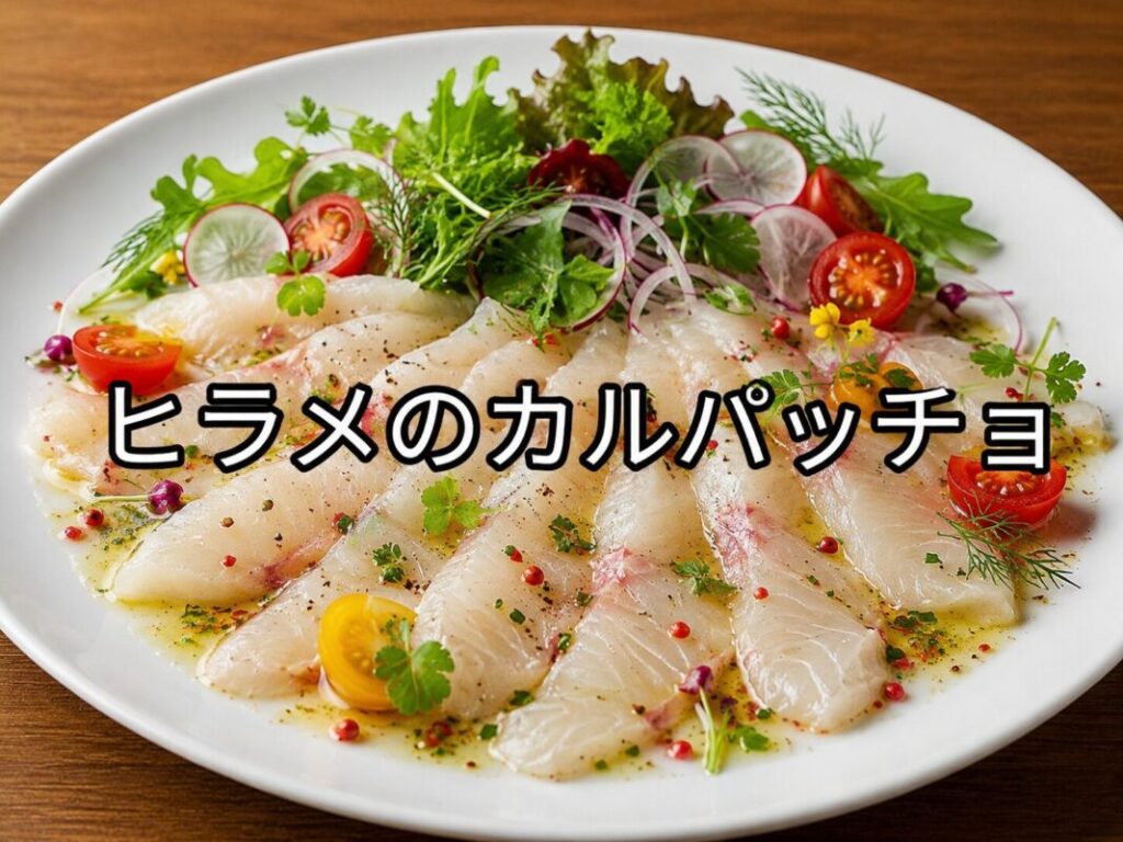 白い皿にヒラメの切り身を盛り付け、野菜とハーブを添えたヒラメのカルパッチョの料理画像