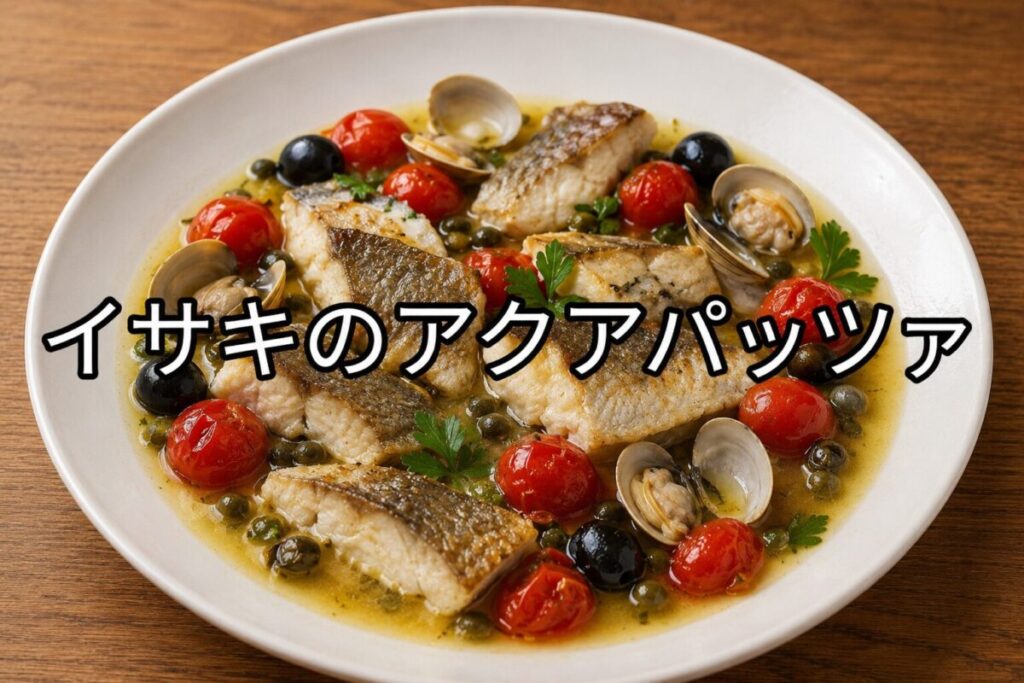 白い皿に盛り付けたイサキの切り身のアクアパッツァ。あさり、ミニトマト、オリーブを添えた洋風魚料理。