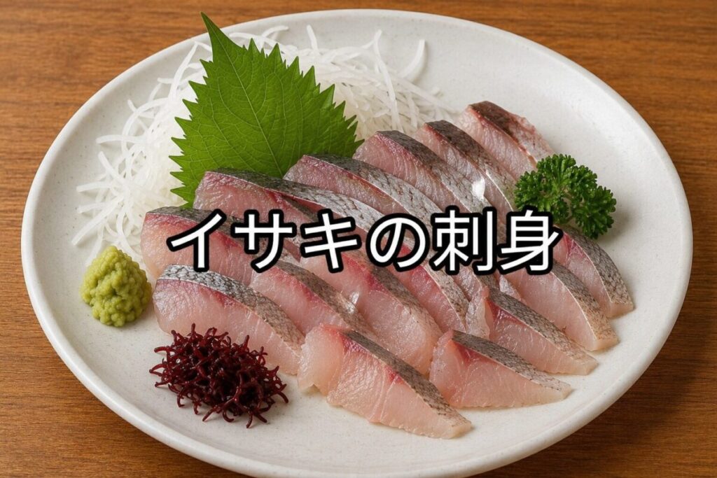 白い大皿にイサキの刺身を盛り付け、大葉、大根のつま、わさび、海藻を添えた料理画像
