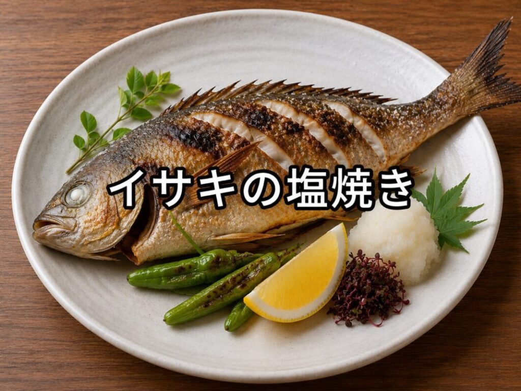 白い皿に盛り付けたイサキの塩焼き。身に切り込みを入れ、焼き野菜や大根おろし、レモンを添えた料理写真。