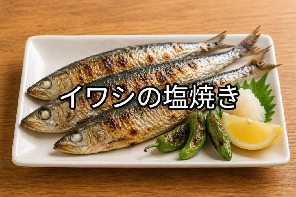 白い角皿に盛り付けたイワシの塩焼き。複数のイワシに焼き野菜、大根おろし、レモンを添えた料理写真。