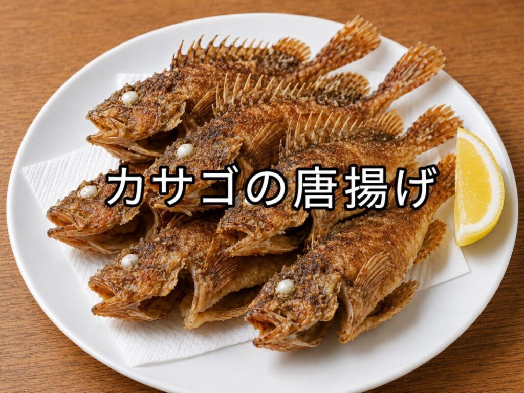 白い皿に盛り付けた小ぶりのカサゴの唐揚げ。腹を開いた姿で揚げ、レモンを添えた料理写真。