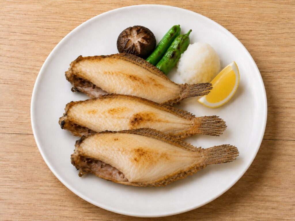 白い皿に盛り付けたカワハギの塩焼き3枚。焼きしいたけ、ししとう、大根おろし、レモンを添えた料理写真。