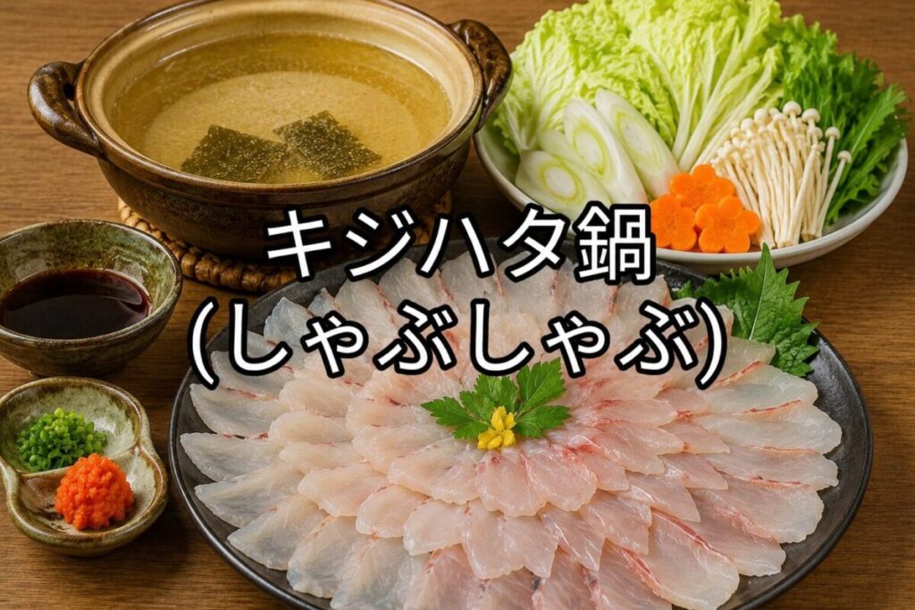 キジハタ鍋用の薄切り刺身を大皿に盛り付け、土鍋、白菜、長ねぎ、えのき、にんじん、薬味を添えたしゃぶしゃぶ鍋の料理画像