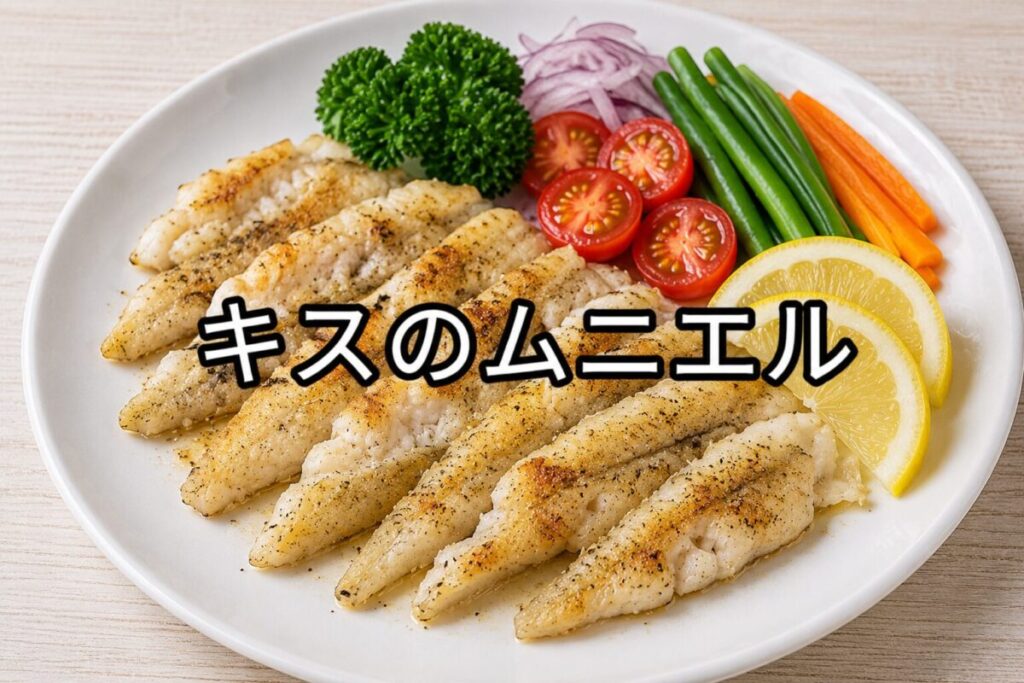 キスのムニエルを白い皿に盛り付け、レモン、ミニトマト、いんげん、にんじん、パセリを添えた料理写真