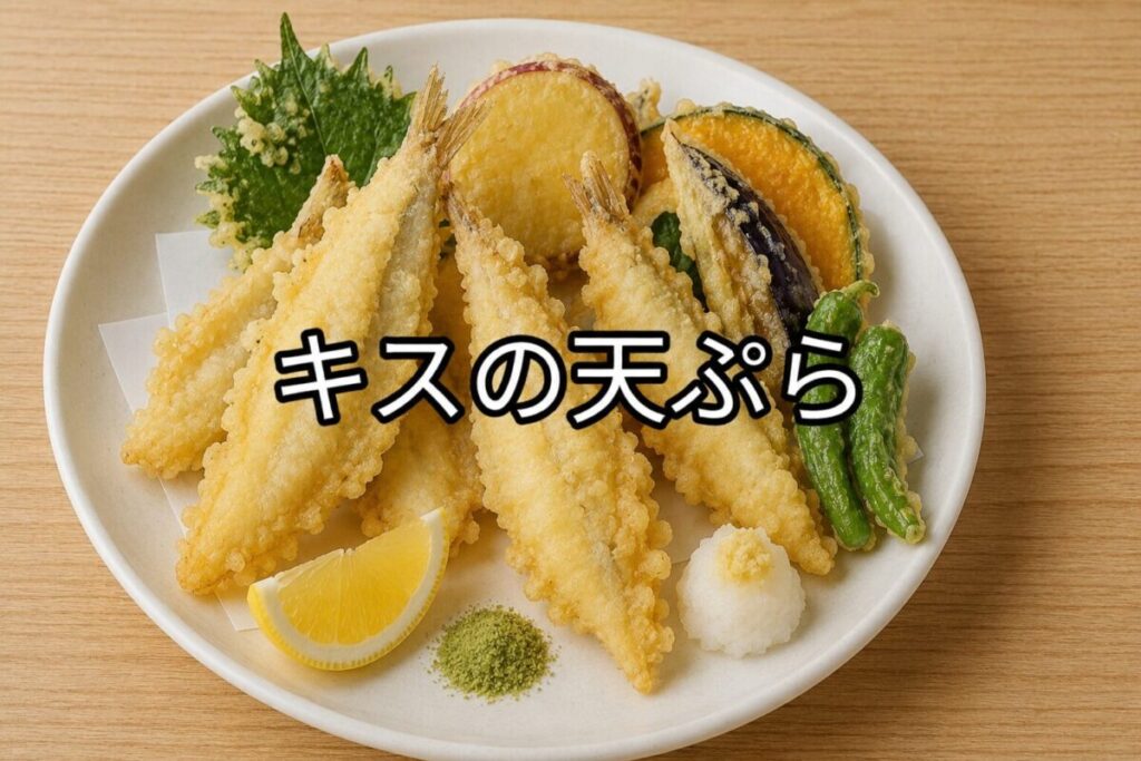 キスの天ぷらを白い皿に盛り付け、かぼちゃ・なす・ししとう・大葉などの野菜天ぷら、レモン・抹茶塩・大根おろしを添えた和風料理写真。