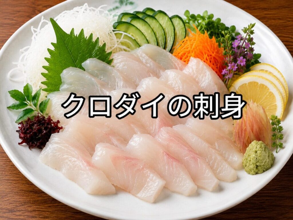クロダイの刺身を白い皿に盛り付け、大葉、大根のつま、きゅうり、レモン、わさび、薬味を添えて豪華に仕上げた料理写真