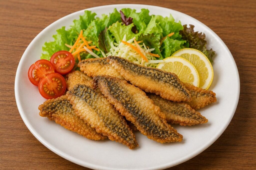 メバルの唐揚げ（三枚おろし）の盛り付け。レタスやミニトマト、レモンを添えた白い皿の料理写真