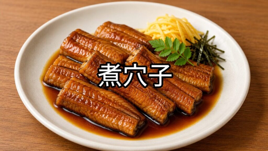 木目調のテーブルに置かれた白い丸皿に、甘辛い煮汁でふっくら仕上げた短めの煮穴子と錦糸卵、刻み海苔を盛り付けた画像