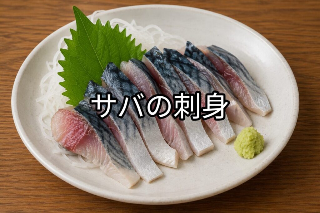 サバの刺身を白い皿に盛り付けた料理写真。銀色の皮付きのサバ刺しを並べ、大葉・大根のつま・わさびを添えて木目調のテーブルに配置している。