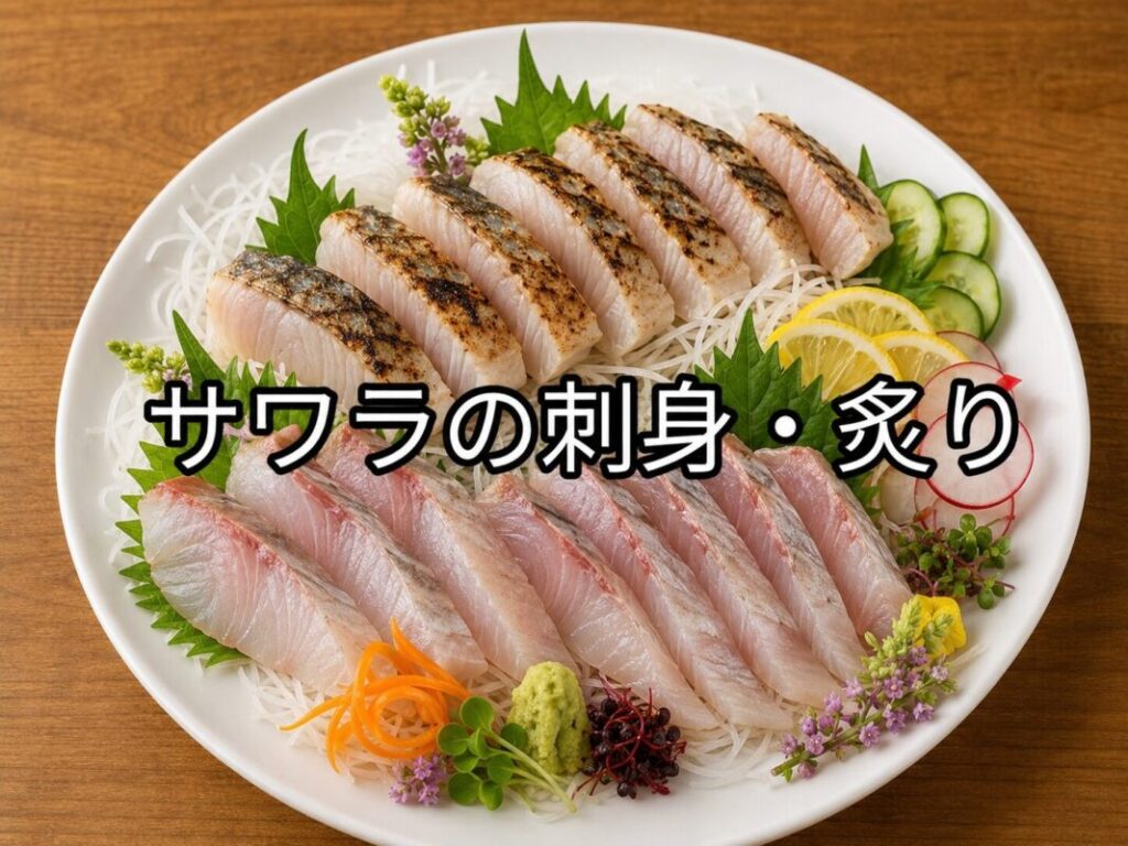 サワラの刺身と炙りを白い皿に盛り付け、大葉や大根のつま、レモン、きゅうり、薬味を添えた豪華な刺身盛り