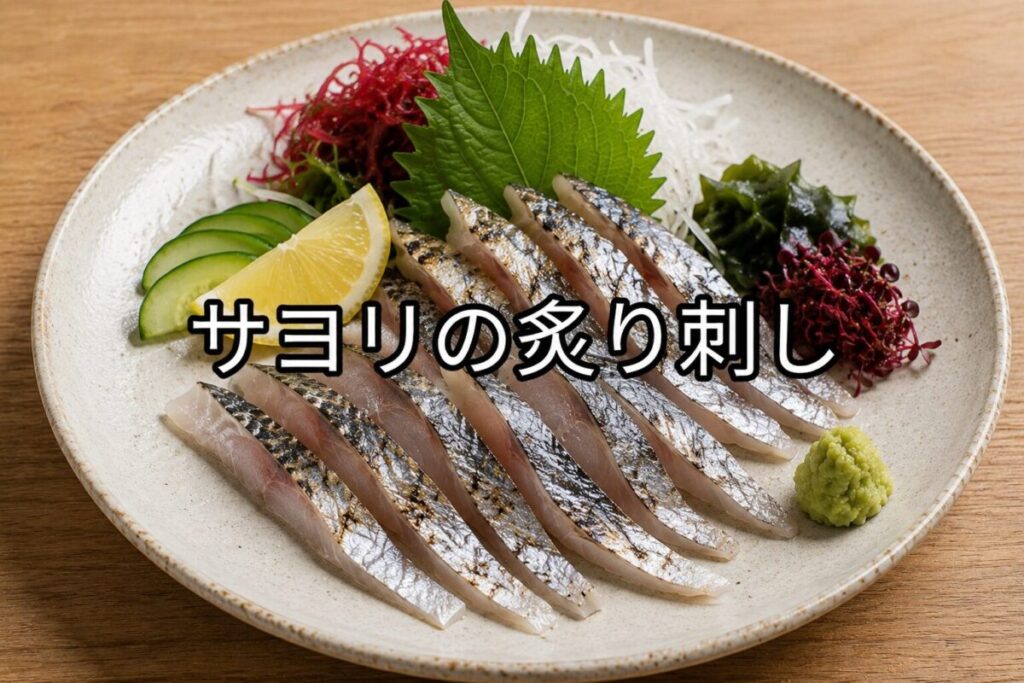 サヨリの炙り刺しを大皿に盛り付け、薬味や野菜を添えた料理画像