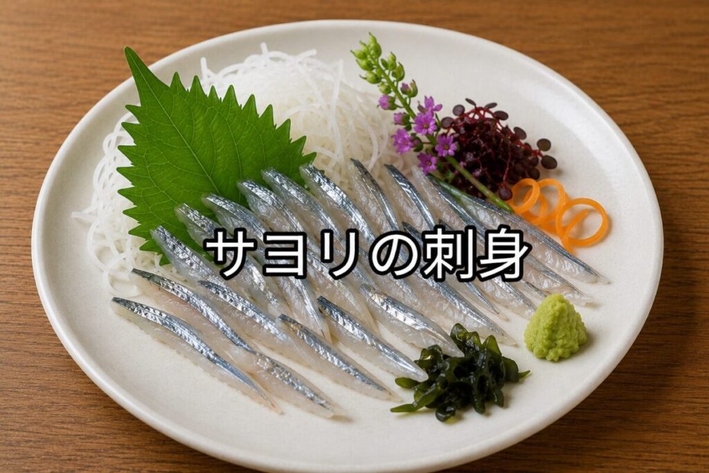 サヨリの刺身を白い皿に美しく重ねて盛り付け、大葉・大根のつま・わさび・飾り野菜を添えた和風料理写真。