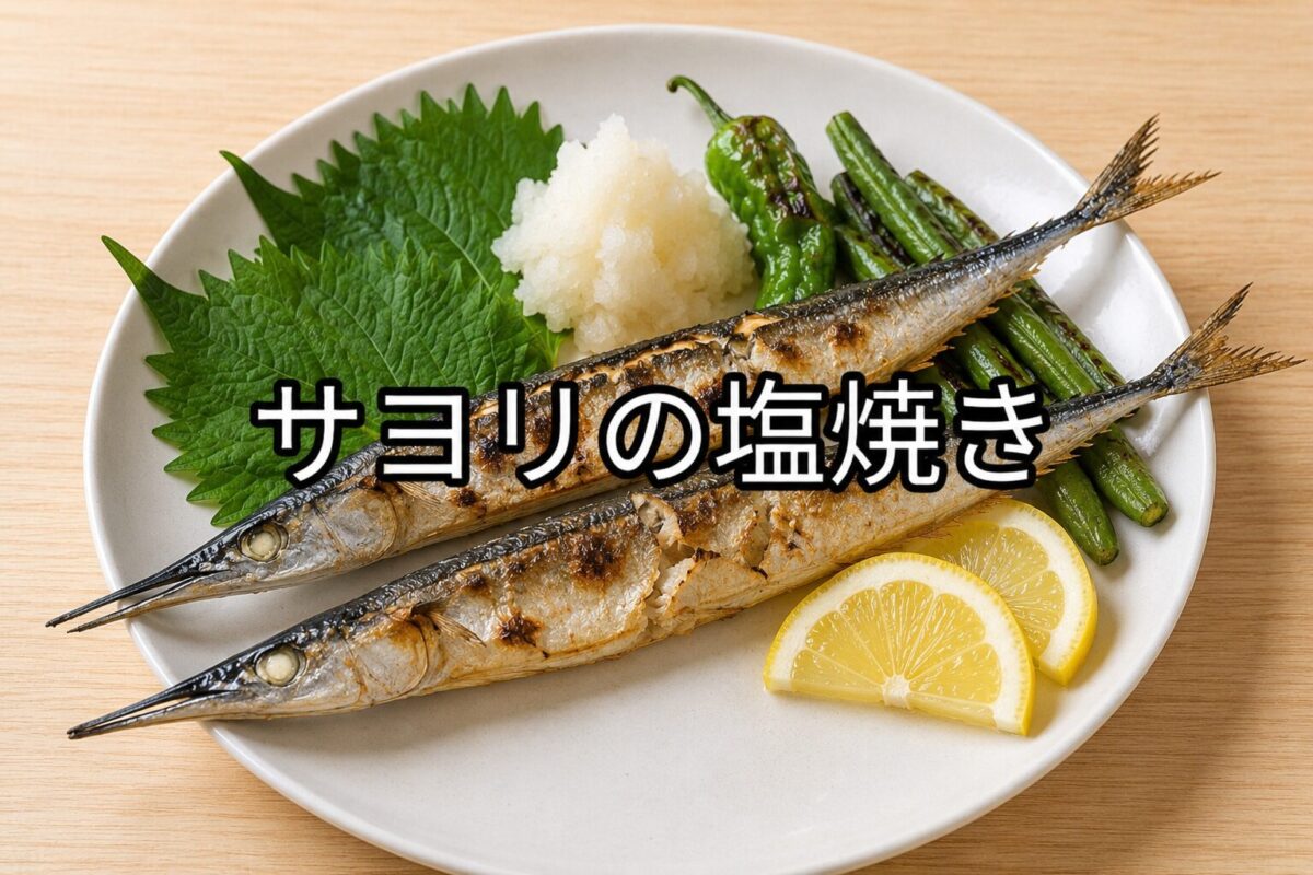 サヨリの塩焼き2尾を白い皿に盛り付け、焼き色のついた身と、たっぷりの野菜を添えた料理写真