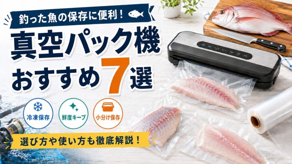釣った魚の保存に便利な真空パック機おすすめ7選。真鯛と包丁、真空パックされた魚の切り身、真空パック機を配置したアイキャッチ画像