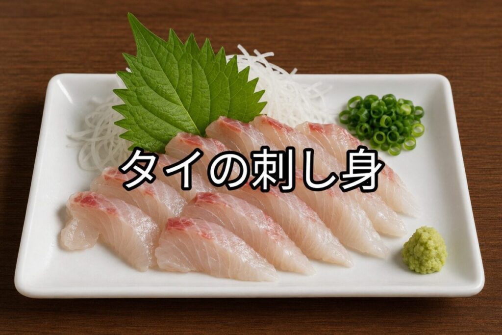 白い皿に盛り付けられた新鮮なタイの刺し身。大葉、大根のつま、刻みネギ、わさびを添えた盛り付け。