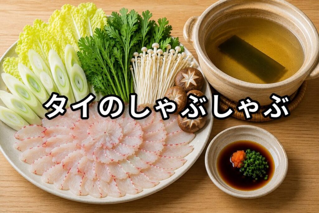 タイのしゃぶしゃぶ用に薄切りした刺身と白菜・春菊・長ねぎ・えのき・しいたけを白い皿に盛り付け、昆布だしの土鍋を添えた料理