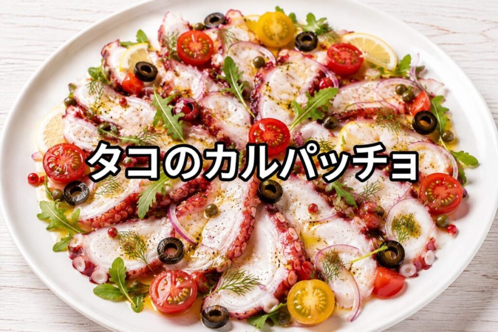 タコのカルパッチョを白い皿に盛り付け、ミニトマトやオリーブ、ハーブを彩りよく添えた料理写真