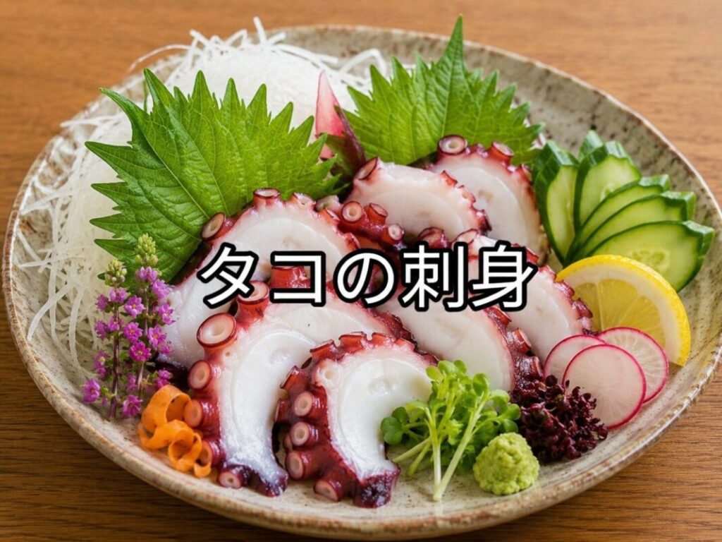 大皿にタコの刺身を盛り付け、大葉、大根のつま、きゅうり、レモン、ラディッシュ、わさびなどの野菜や薬味を彩りよく添えた料理画像