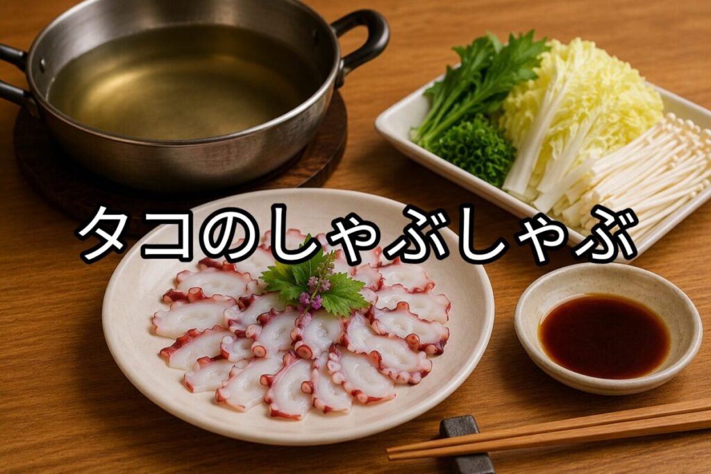 タコのしゃぶしゃぶ用に薄切りしたタコを白い皿に盛り付け、鍋と白菜・春菊・えのきなどの野菜、つけだれを添えた和風料理写真。