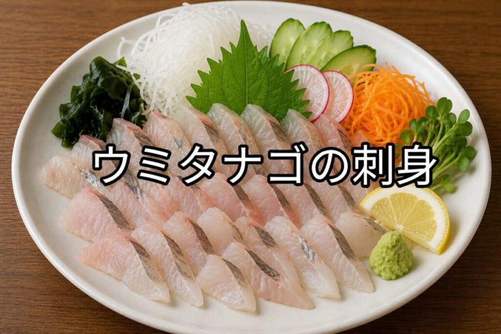 白い丸皿に盛り付けたウミタナゴの刺身。大葉、白いけん、わさびなどの添え野菜を添えた、木目のテーブル上の料理写真。中央に「ウミタナゴの刺身」の文字入り。