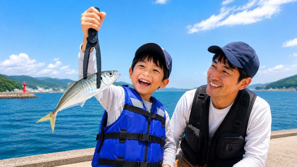 海釣りで釣ったアジをフィッシュグリップで持って喜ぶ子どもと、そばで微笑みながら見守る父親