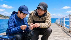 海釣りで絡まったラインを直しながら対処方法を教わる子どもと父親