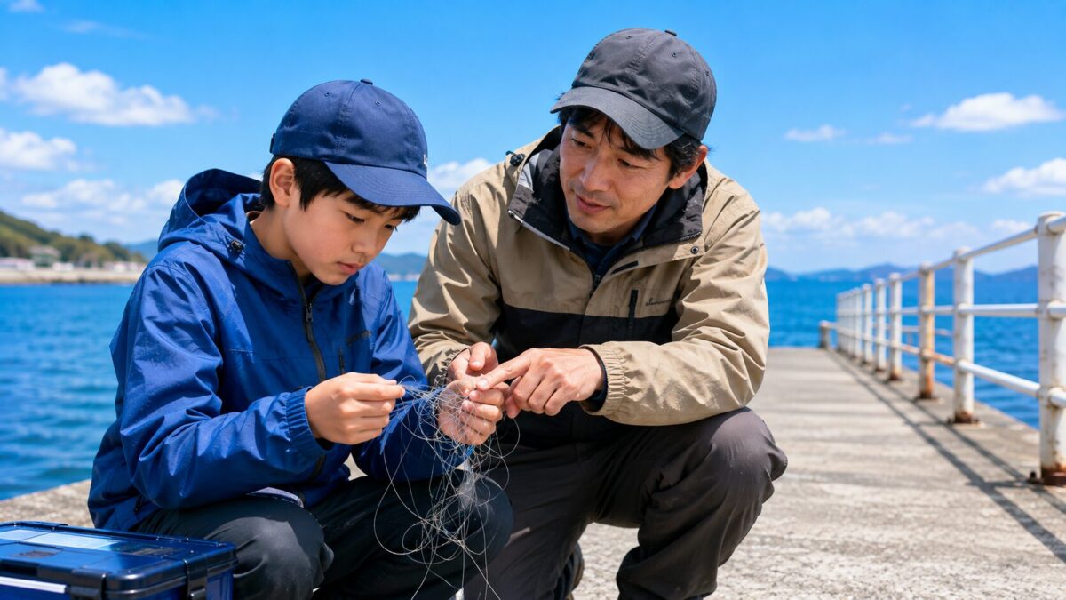 海釣りで絡まったラインを直しながら対処方法を教わる子どもと父親