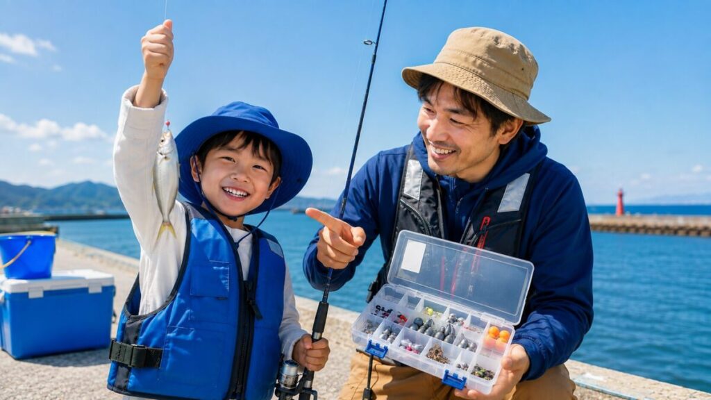 海辺で釣り仕掛けと釣れたアジを確認する子どもと父親