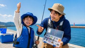海辺で釣り仕掛けと釣れたアジを確認する子どもと父親