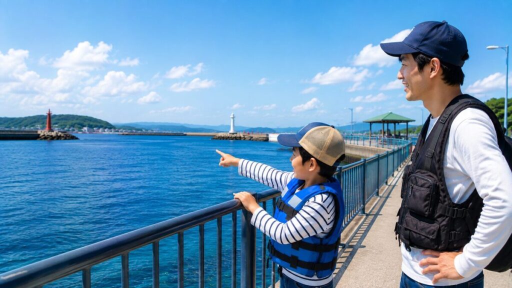 安全柵のある海釣りスポットで海を眺める子どもと父親