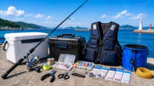 海辺に並べた釣り竿やリール、ライフジャケット、クーラーボックスなど初心者向けの海釣り道具一式