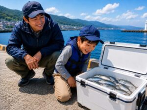 釣ったアジが入ったクーラーボックスを親子で覗き込み喜ぶ様子