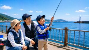 安全柵のある海釣り場で竿を持って楽しむ子どもを笑顔で見守る両親