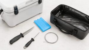 クーラーボックス、フィッシングナイフ、締め具、神経締めワイヤー、保冷剤、魚の持ち帰り用品
