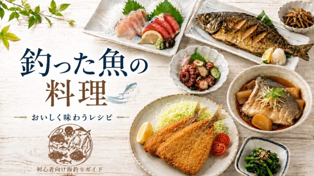 釣った魚の料理アイキャッチ画像。白い木目調の机に焼き魚、フライフィッシュ、刺し身、煮付け等の魚料理を並べている画像。