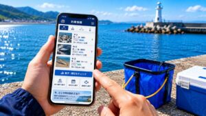 海辺でスマートフォンを使って最新の釣果情報を調べている様子