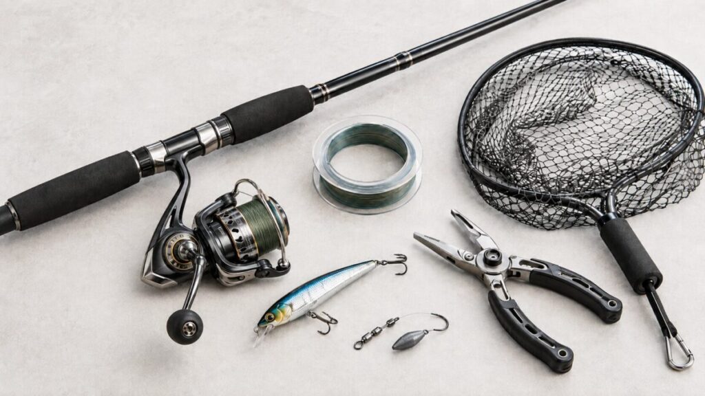 釣り竿、スピニングリール、釣り糸、ルアー、タモ網、フィッシングプライヤーなどの釣り場用品