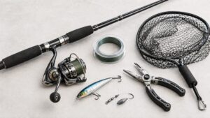 釣り竿、スピニングリール、釣り糸、ルアー、タモ網、フィッシングプライヤーなどの釣り場用品