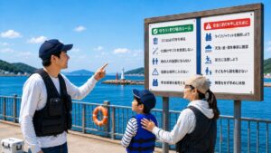 海釣り場で安全ルールとマナーを確認するライフジャケット姿の親子