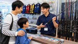 釣具店で店員から釣り竿の選び方を教えてもらう父親と子ども