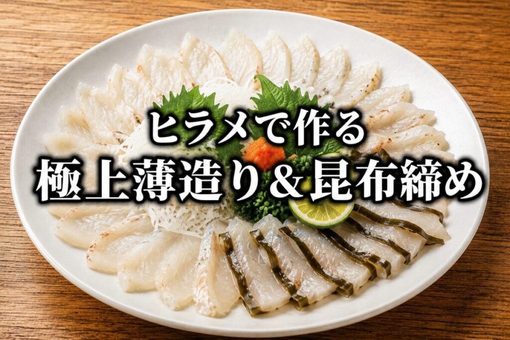 白い皿に盛り付けたヒラメの薄造りと昆布締めの画像