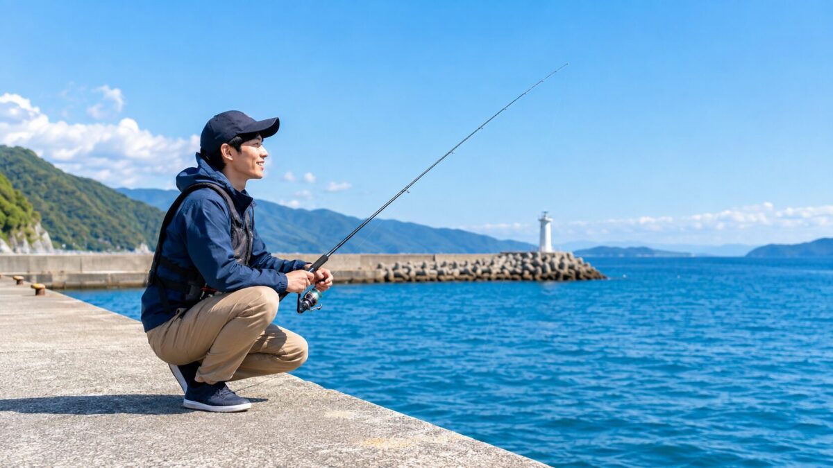 青空の下、海沿いの堤防で釣りを楽しむ男性の画像