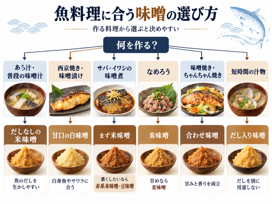 あら汁にはだしなし米味噌、西京焼きには甘口白味噌など、作る魚料理から使う味噌を選ぶ早見図。