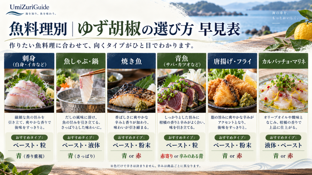 刺身・魚しゃぶ・焼き魚・青魚・唐揚げ・カルパッチョなど、魚料理別に合うゆず胡椒のタイプを比較した早見表。