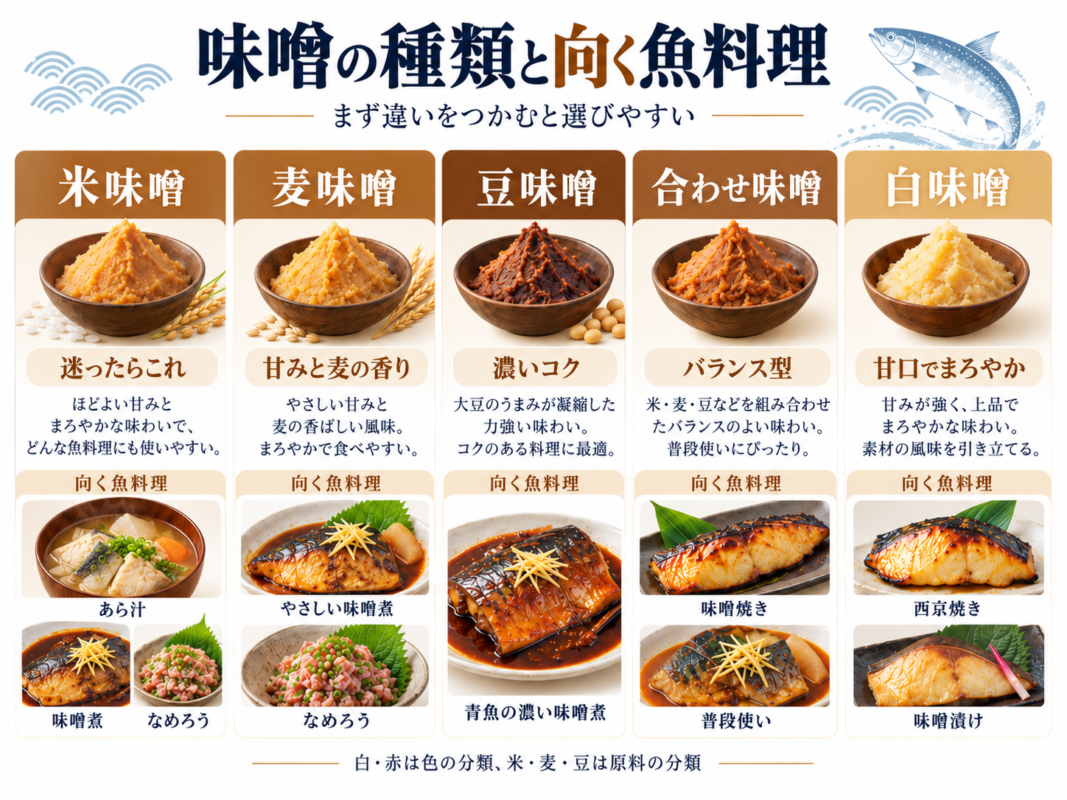 米味噌・麦味噌・豆味噌・合わせ味噌・白味噌の特徴と、あら汁・味噌煮・なめろう・西京焼きなどの料理例を比較した図。