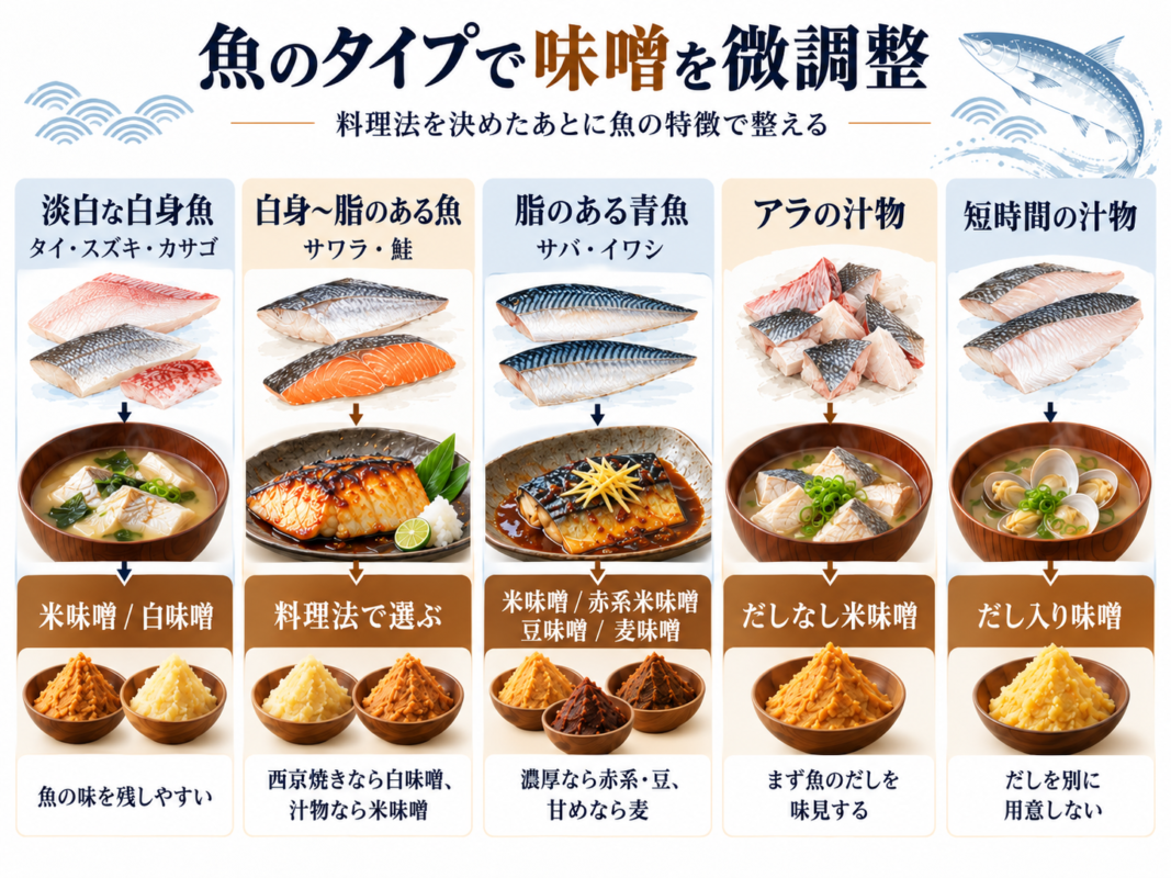 淡白な白身魚、脂のある魚、青魚、あら汁などに合わせて、米味噌・白味噌・豆味噌・だし入り味噌などを使い分ける図。