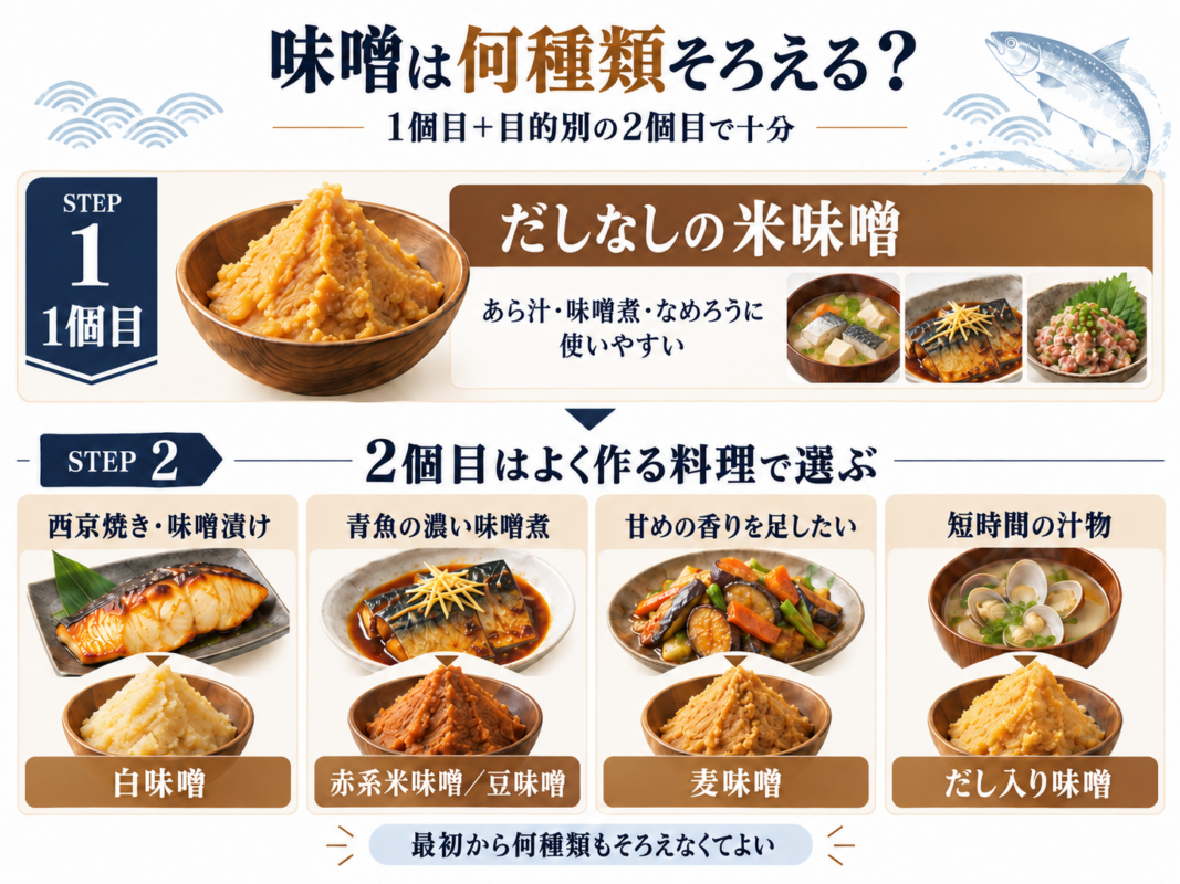 1個目はだしなしの米味噌、2個目は西京焼き用の白味噌や濃い味噌煮用の赤系米味噌・豆味噌など、よく作る料理に合わせて選ぶ図。