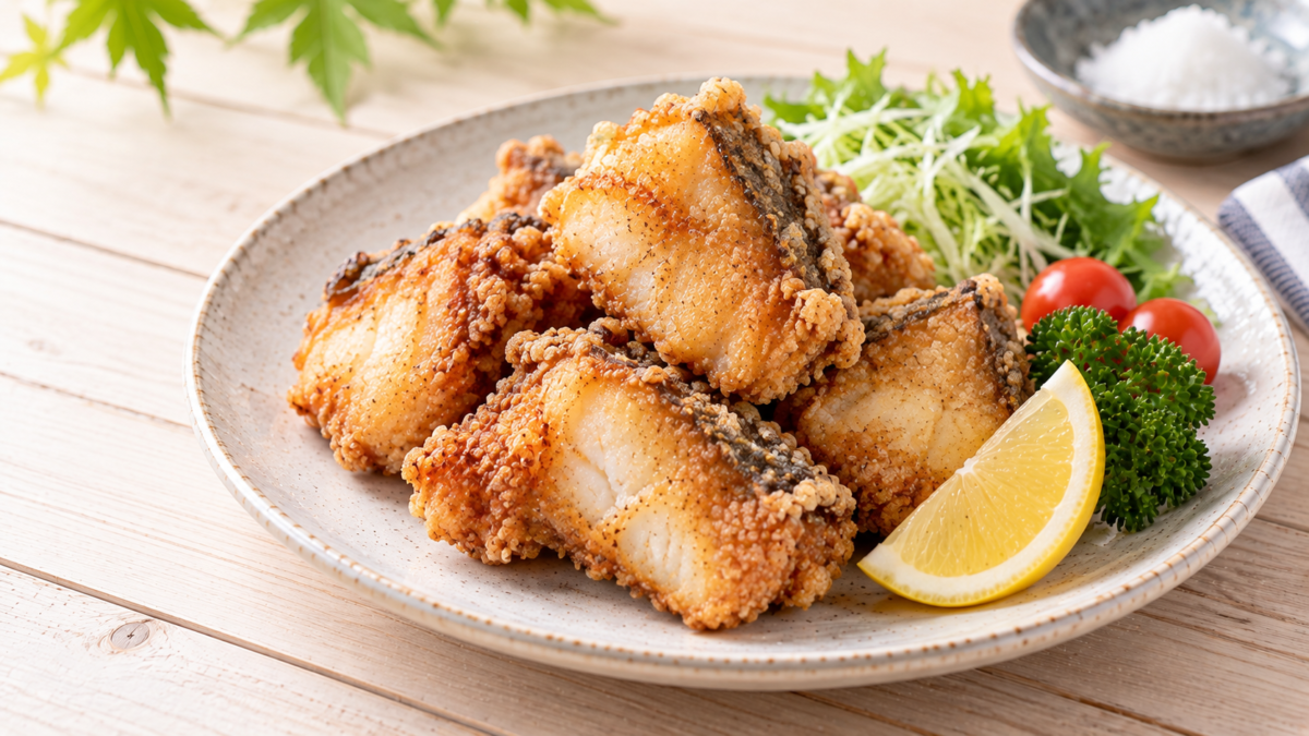 一口大に揚げたアイナメの唐揚げを野菜やレモンと盛り付けた料理写真