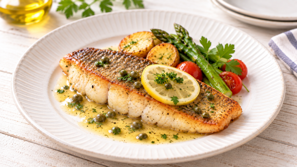 皮を香ばしく焼いたアイナメのムニエルを野菜とレモンバターソースで盛り付けた料理写真